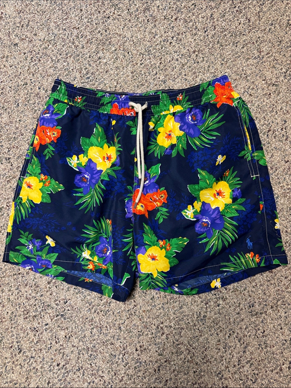 Men's Navy Floral Swim Trunks - Drawstring Waist Polo size L NWOT Ralph Lauren